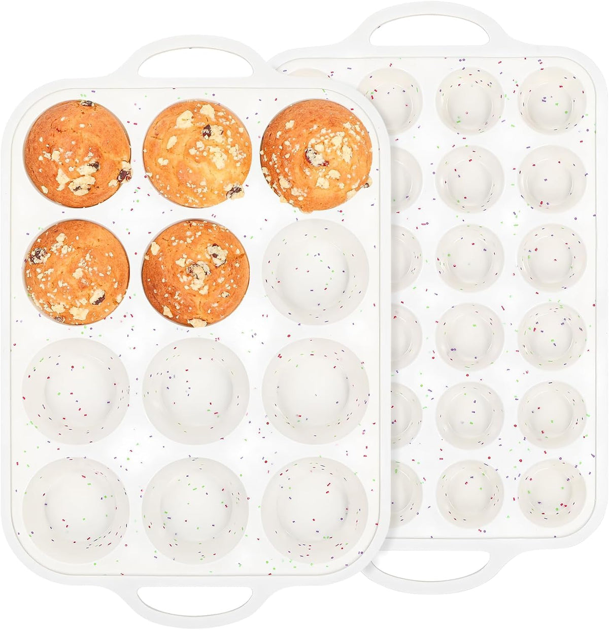 Fimary Silicone Muffin Pans With Metal Reinforced Frame - 24 Cups Durable Silicone Baking Pan for Muffins, Cupcakes, BPA Free and Dishwasher Safe - Beige with Rainbow Spots, Set of 2