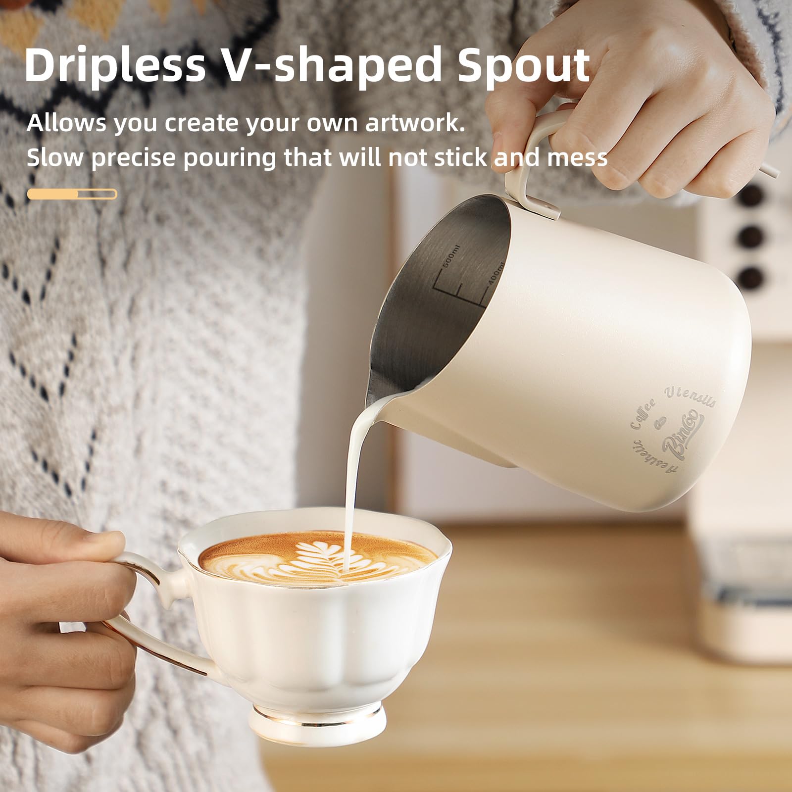 Milk Frothing Pitcher 500ML - Espresso Steaming Pitcher with Large Handle and V-Spout,Stainless Steel Milk Frothing Cup for Cappuccino, Latte Art,Coffee Machine Accessories