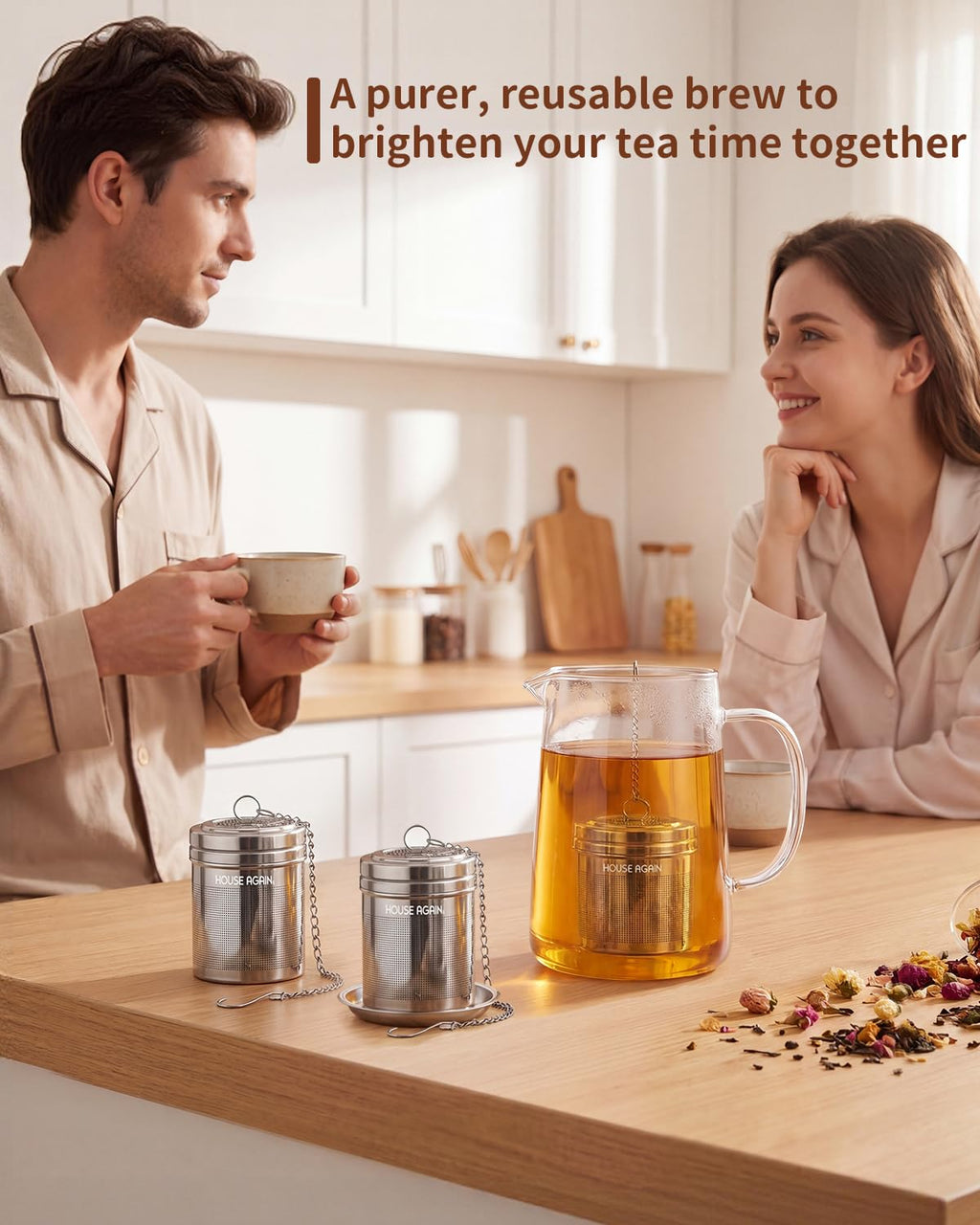 HOUSE AGAIN Tea Infuser (2 Pack with Scoop), Extra Fine Mesh Tea Infusers for Loose Tea, 18/8 Stainless Steel Tea Strainer with Extended Chain Hook, Tea Steeper for Brew Tea, Spices & Seasonings