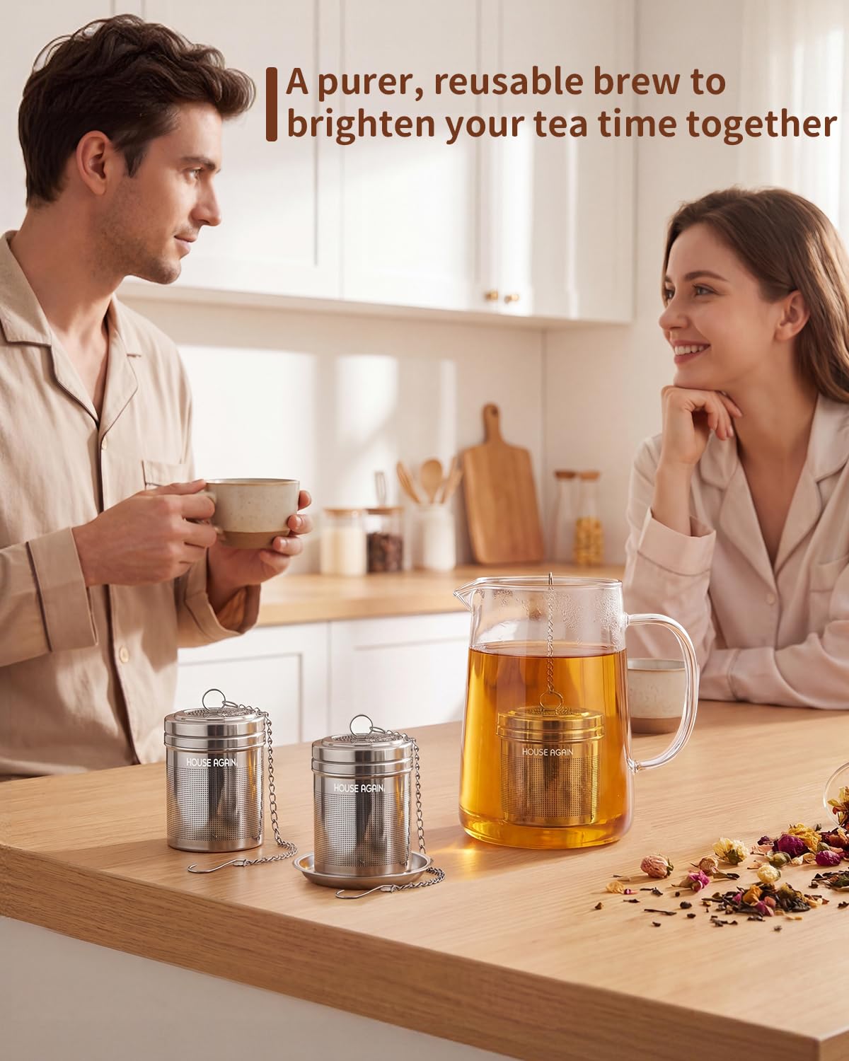HOUSE AGAIN Tea Infuser (2 Pack with Scoop), Extra Fine Mesh Tea Infusers for Loose Tea, 18/8 Stainless Steel Tea Strainer with Extended Chain Hook, Tea Steeper for Brew Tea, Spices & Seasonings