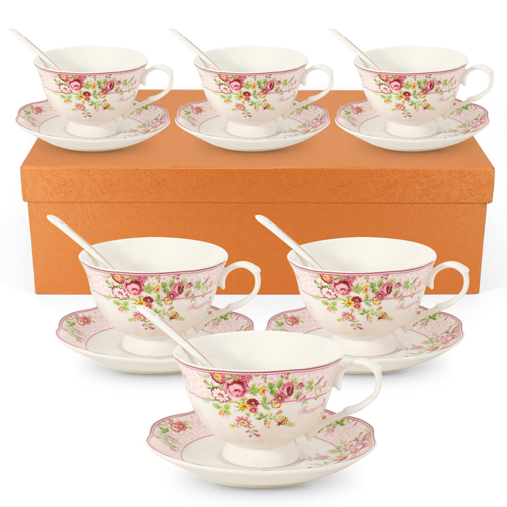 SWEDOU Cup and Saucer Sets of 6 with Spoon, 8oz Ceramic Tea Cups Saucers Set Porcelain New Bone China Floral Vintage Coffee Cup & Saucer Sets -Microwave Dishwasher Safe (Pink)