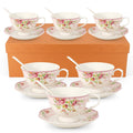 SWEDOU Cup and Saucer Sets of 6 with Spoon, 8oz Ceramic Tea Cups Saucers Set Porcelain New Bone China Floral Vintage Coffee Cup & Saucer Sets -Microwave Dishwasher Safe (Pink)