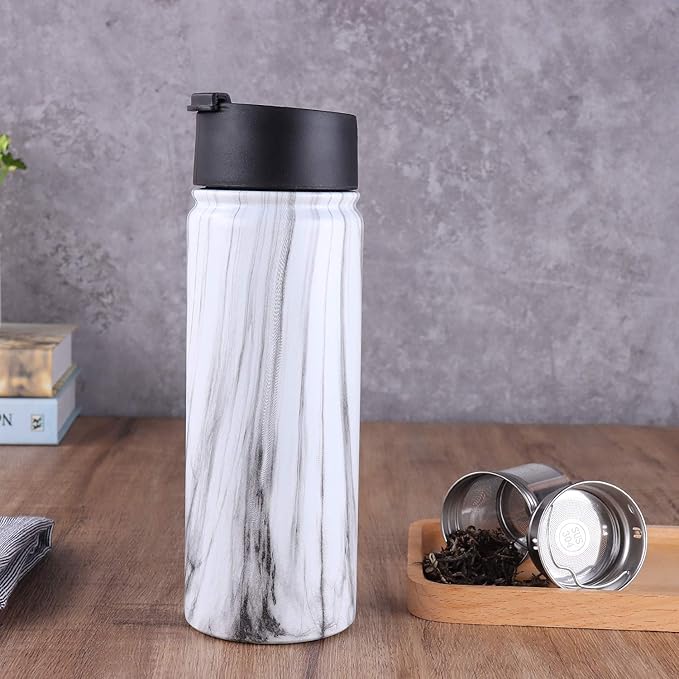 Tea Infuser Bottle With Removable Loose Leaf 18/8 Stainless Steel Insulated Travel Tea Strainer Tumbler tea drinkers gifts for women(White Marble)