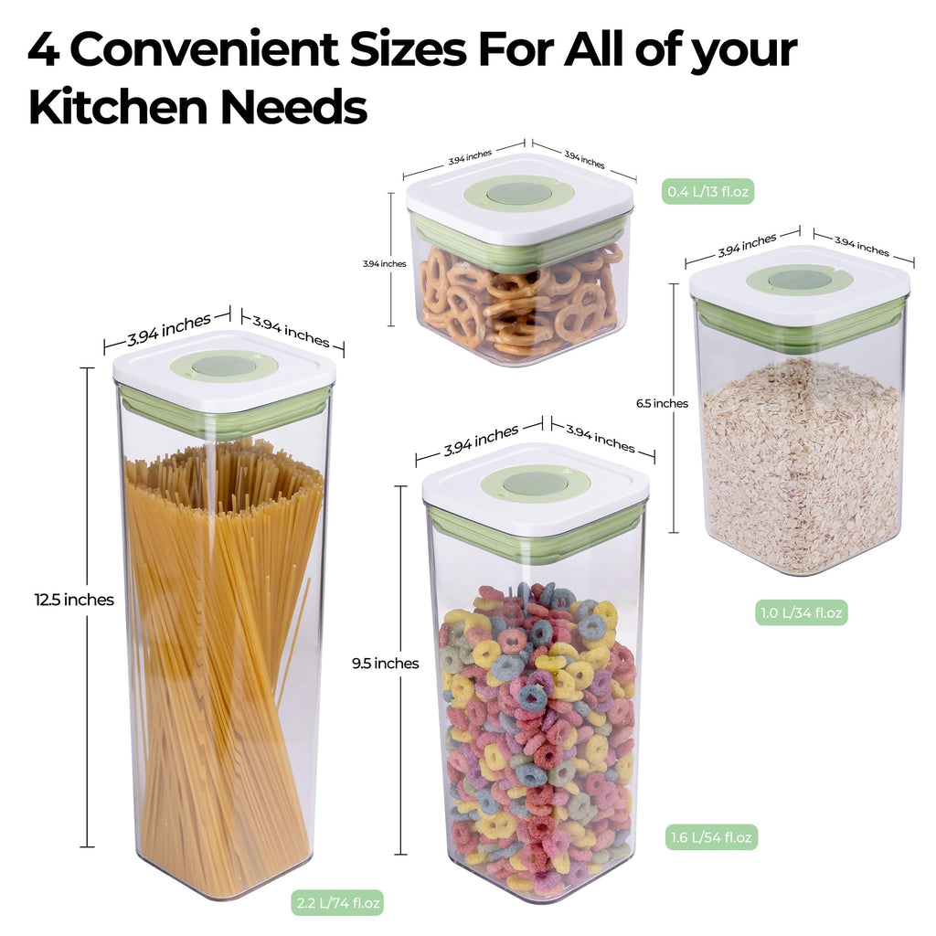 linoroso Set of 4 Pop Airtight Food Storage Containers with Date Recording Lids, Stackable Plastic Kitchen Storage Containers, Dry Cereal Container Set for Pantry Countertop Fridge Organization
