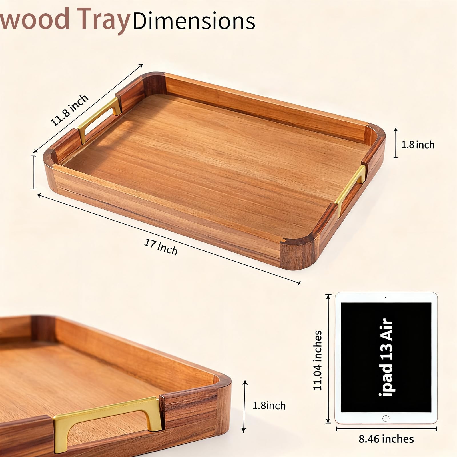 Acacia Wood Serving Tray with Metal Handles, 17x12in Food Drinks Tray for Coffee Table, Breakfast, Dinner & Bar, Rustic Decorative Storage Tray for Ottoman, Kitchen, Parties