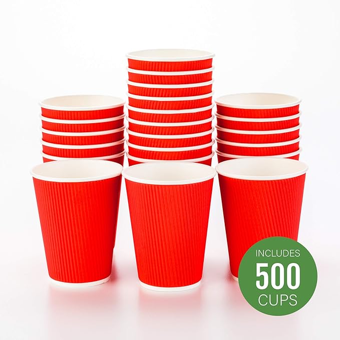 Restaurantware 12 Ounce Ripple Wall Disposable Coffee Cups, 500 Insulated Midnight Red Paper Tumblers with Rolled Rim Design, Lids Sold Separately for Hot Drinks like Tea, Hot Chocolate and More