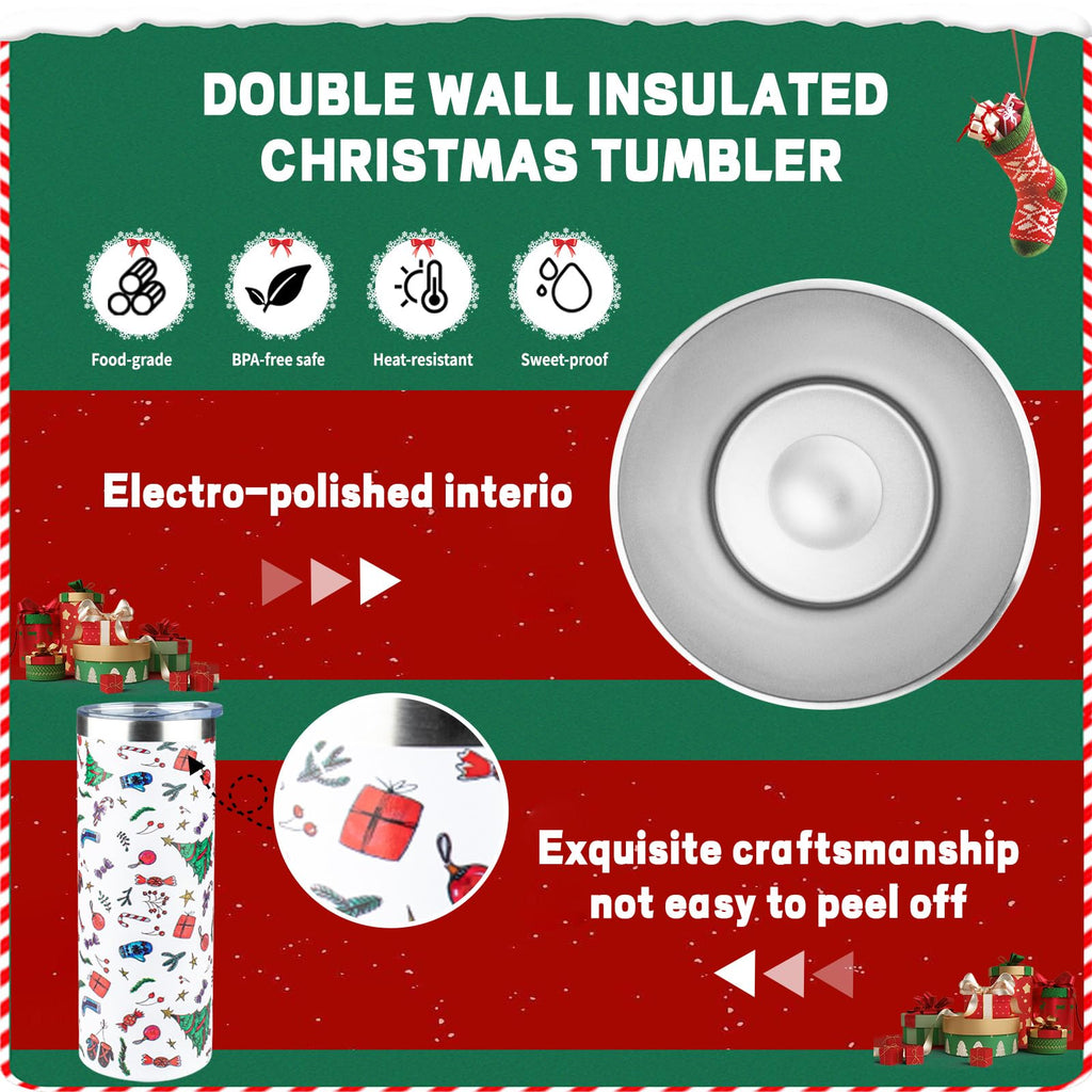 FristChoice 20oz Christmas Skinny Tumbler with Lid and Straw,Stainless Steel Vacuum Insulated Tumbler Cup Double Wall Travel Coffee Mug Christmas Gifts for Women Men(Xmas Elements,2)