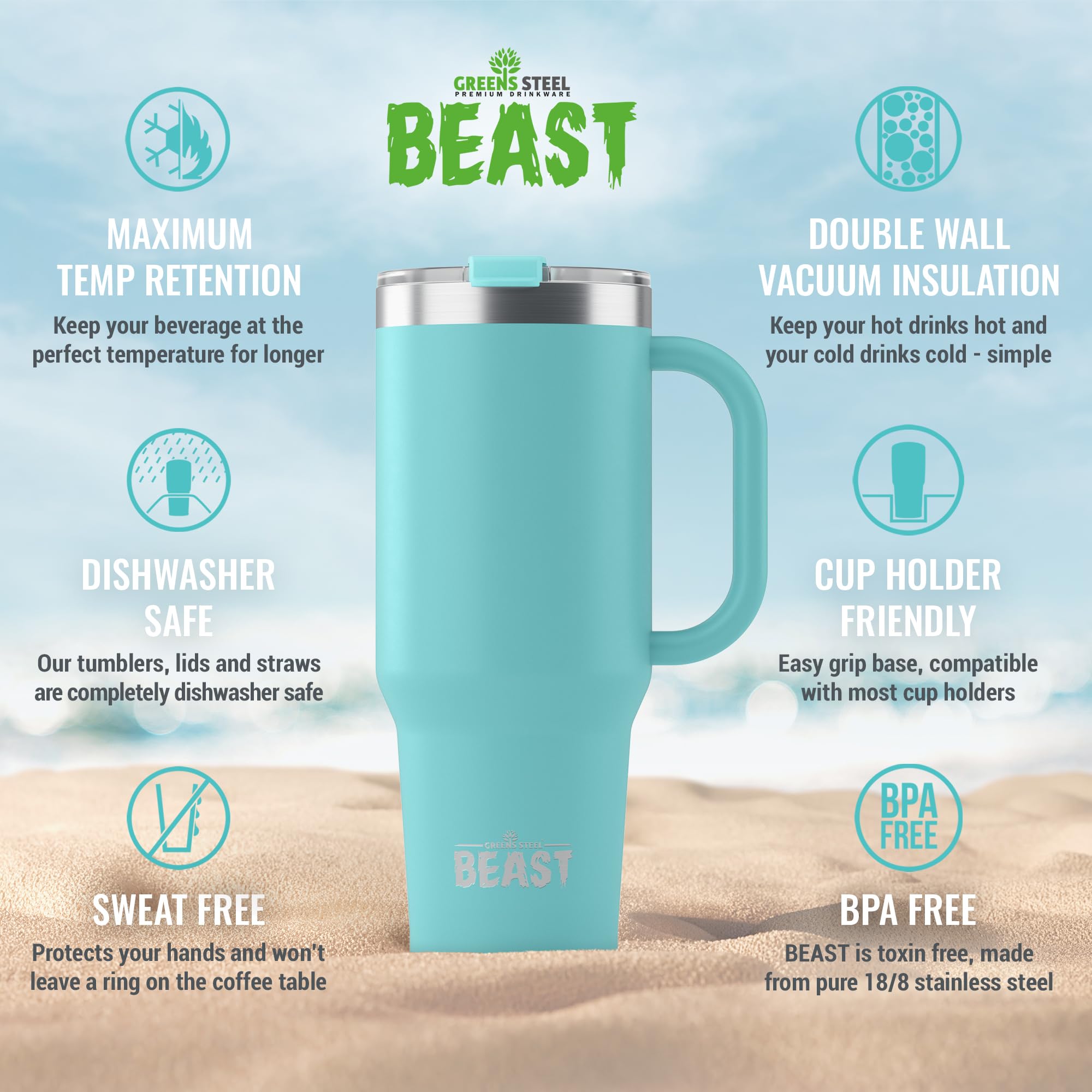 Beast 42 oz Tumbler with Handle Stainless Steel Vacuum Insulated Coffee Ice Cup Double Wall Travel Flask (Aquamarine Blue)