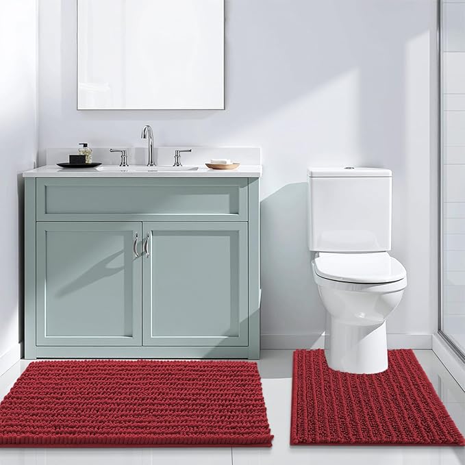 Arotive Luxury Chenille Bathroom Rug Mat, Extra Soft Thick Absorbent Shaggy Bath Rugs, Non-Slip Machine Wash Dry, Plush Bath Mats for Bathroom, Shower and Tub, 30x20, Red