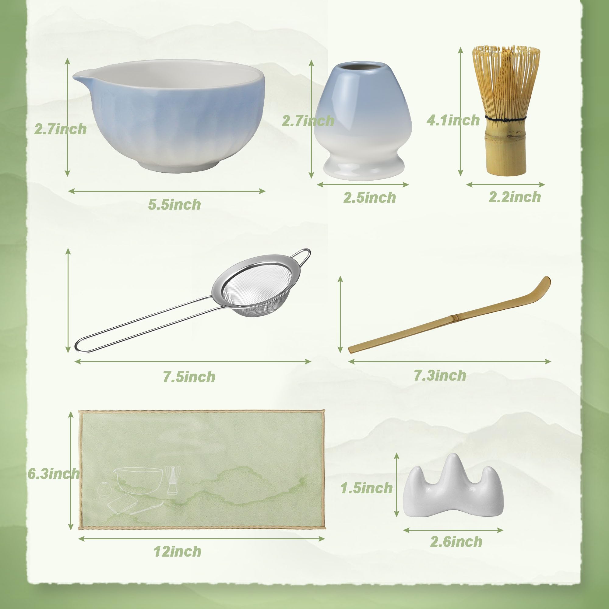 Matcha Whisk Set – Ceramic Matcha Bowl with Pour Spout, Bamboo Whisk, Whisk Holder, Scoop, Sifter – Japanese Matcha Kit for Beginners (Gradient Blue)