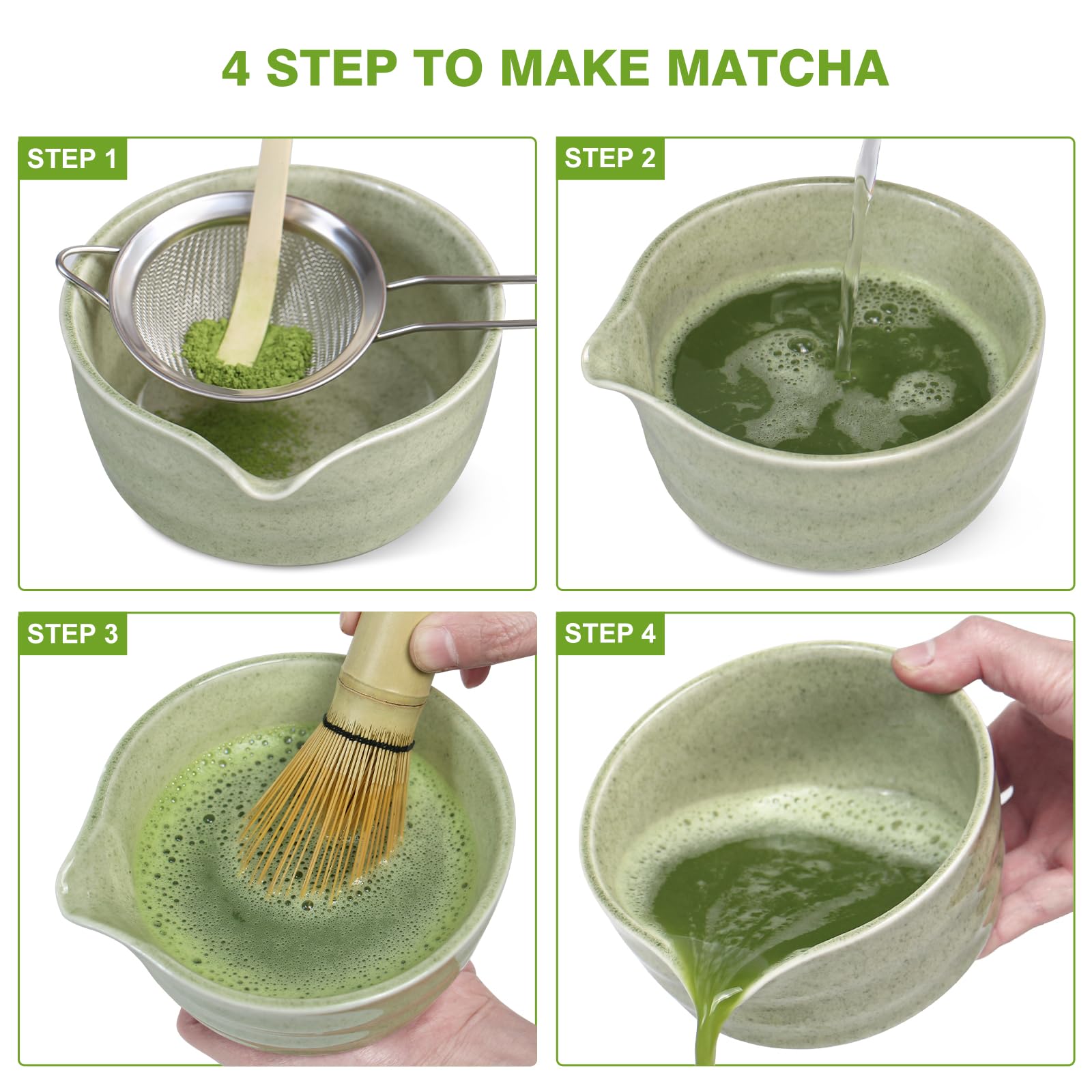 Matcha Whisk Set - Premium Complete Ceremonial Grade Matcha Set with Bamboo Whisk, Matcha Bowl with Spout, Scoop, Sifter & Holder - Authentic Japanese Tea Kit for Traditional Tea Preparation