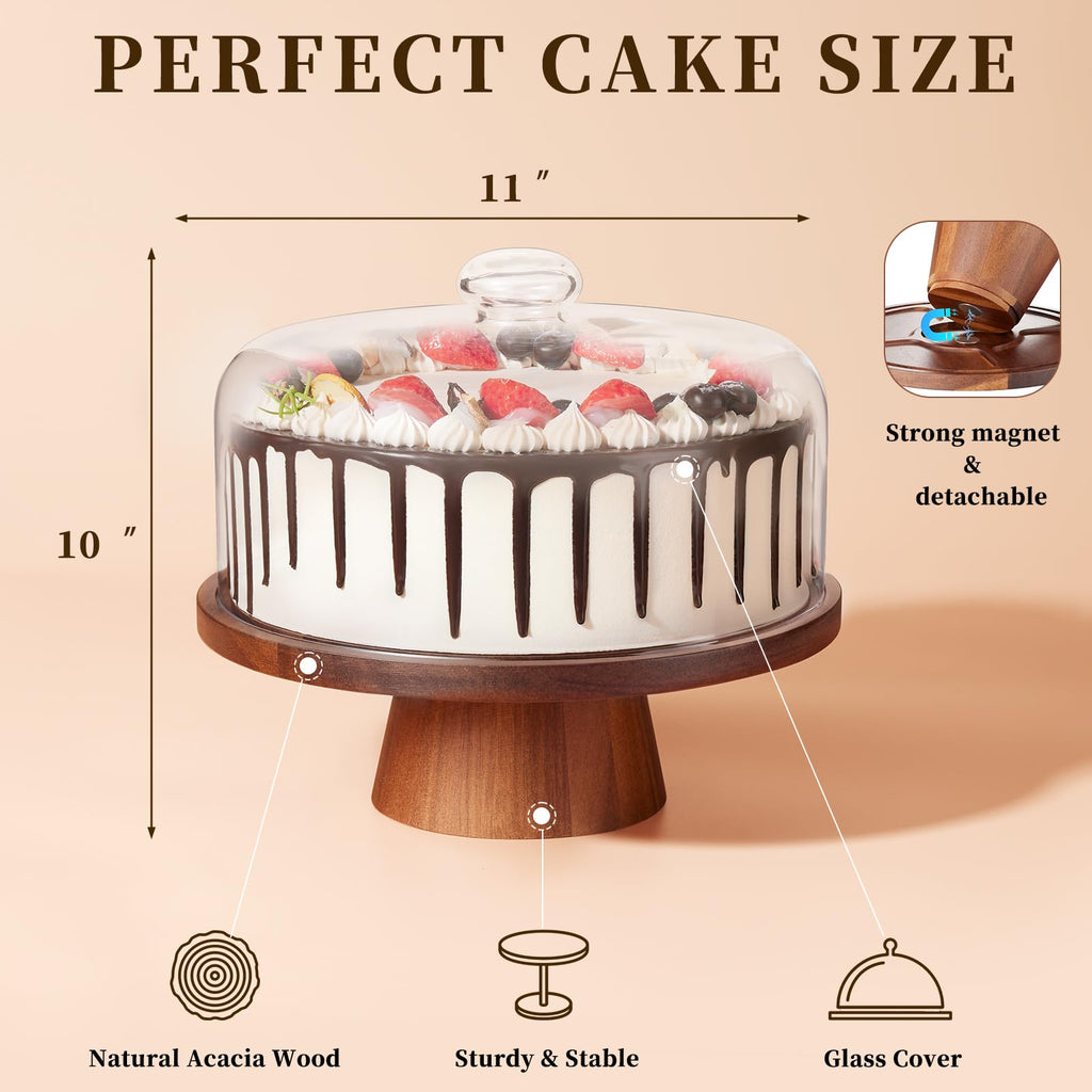 VIVIRBIEN 11in Acacia Wood Cake Stand with Glass Dome&Magnetic Pedestal