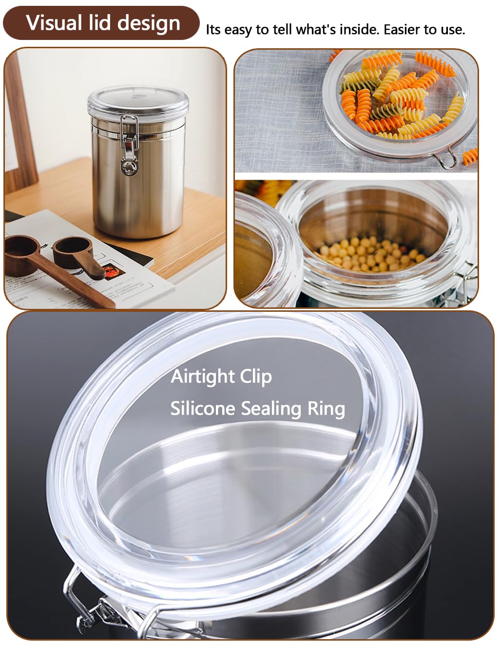 Walktosun Stainless Steel Food Container with Clear Lids Airtight Storage Container Stackable Small Canisters Kitchen Pantry Storage for Cereal, Snacks, Candy, Herbs, Spices, Sugar, Tea (Silver)