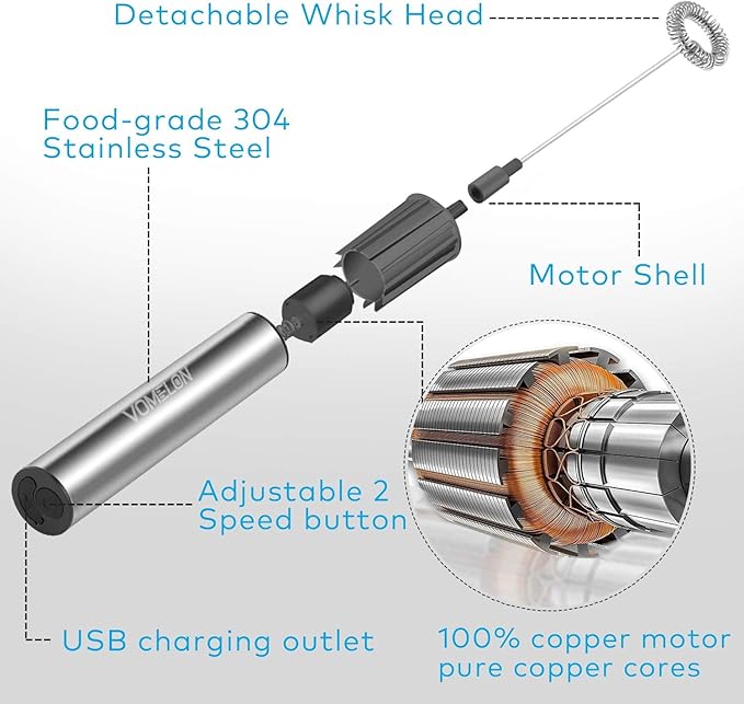 Rechargeable Milk Frother Handheld Electric Frother Wand Milk Foamer Drink Mixer for Coffee, Lattes, Cappuccino, and Egg, Stainless Steel for Travel-Silver