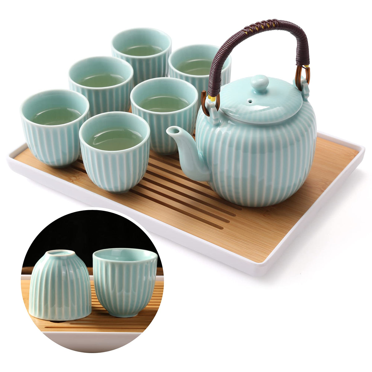 Dujust Japanese Tea Set, Black Porcelain Tea Set with 1 Teapot Set, 6 Tea Cups, 1 Tea Tray, 1 Stainless Infuser, Beautiful Asian Tea Sets for Adults, Tea Lover/Women/Men (Countryside in Golden)