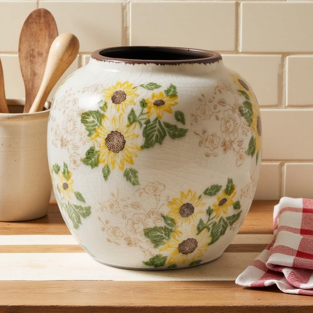 Levvohd Round Ceramic Vase, Sunflower Pattern, 6.3 Inch