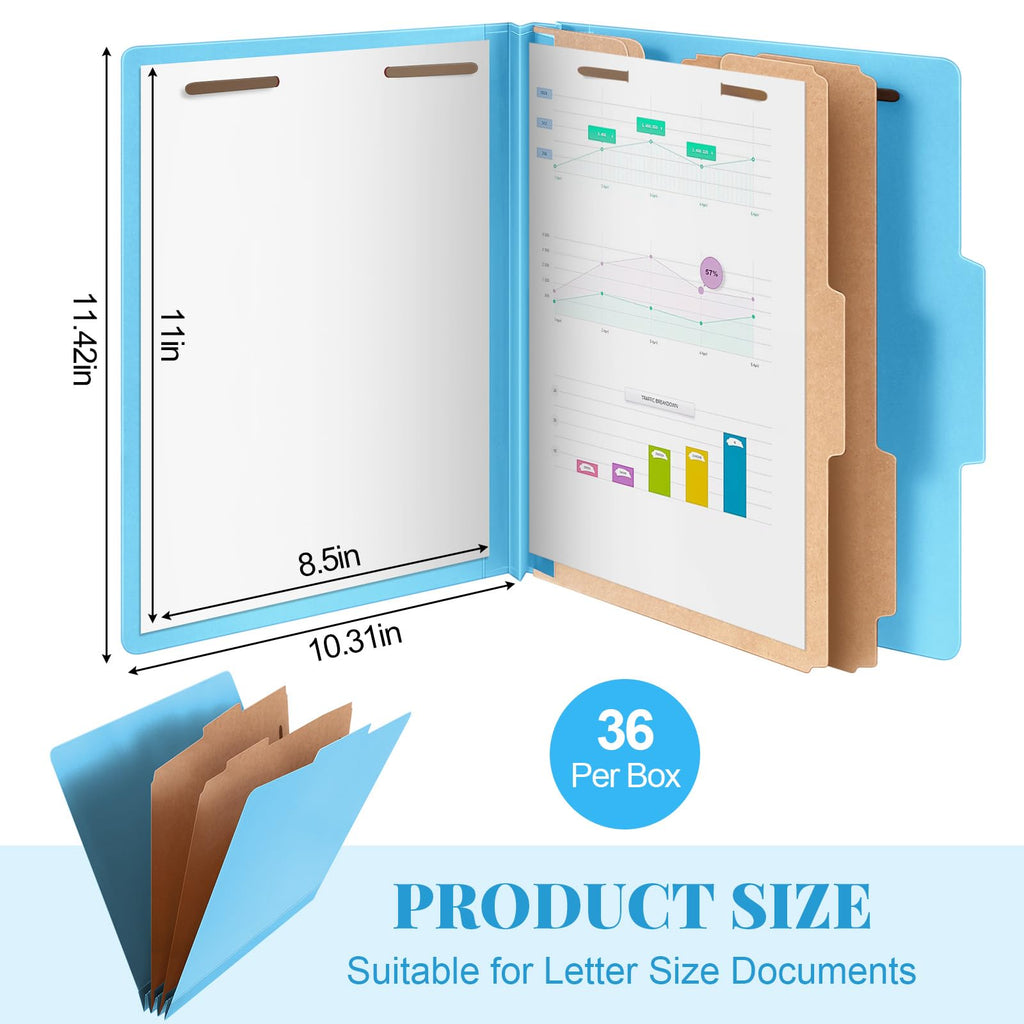 Skyygemm 36 Pcs Classification Folders Letter Size, 2 Divider Pressboard File Folders with 3. 5 Inch Expansion, 2 Prongs Fastener, Heavy Duty Office File Organizers for Teachers, Medical (Blue)