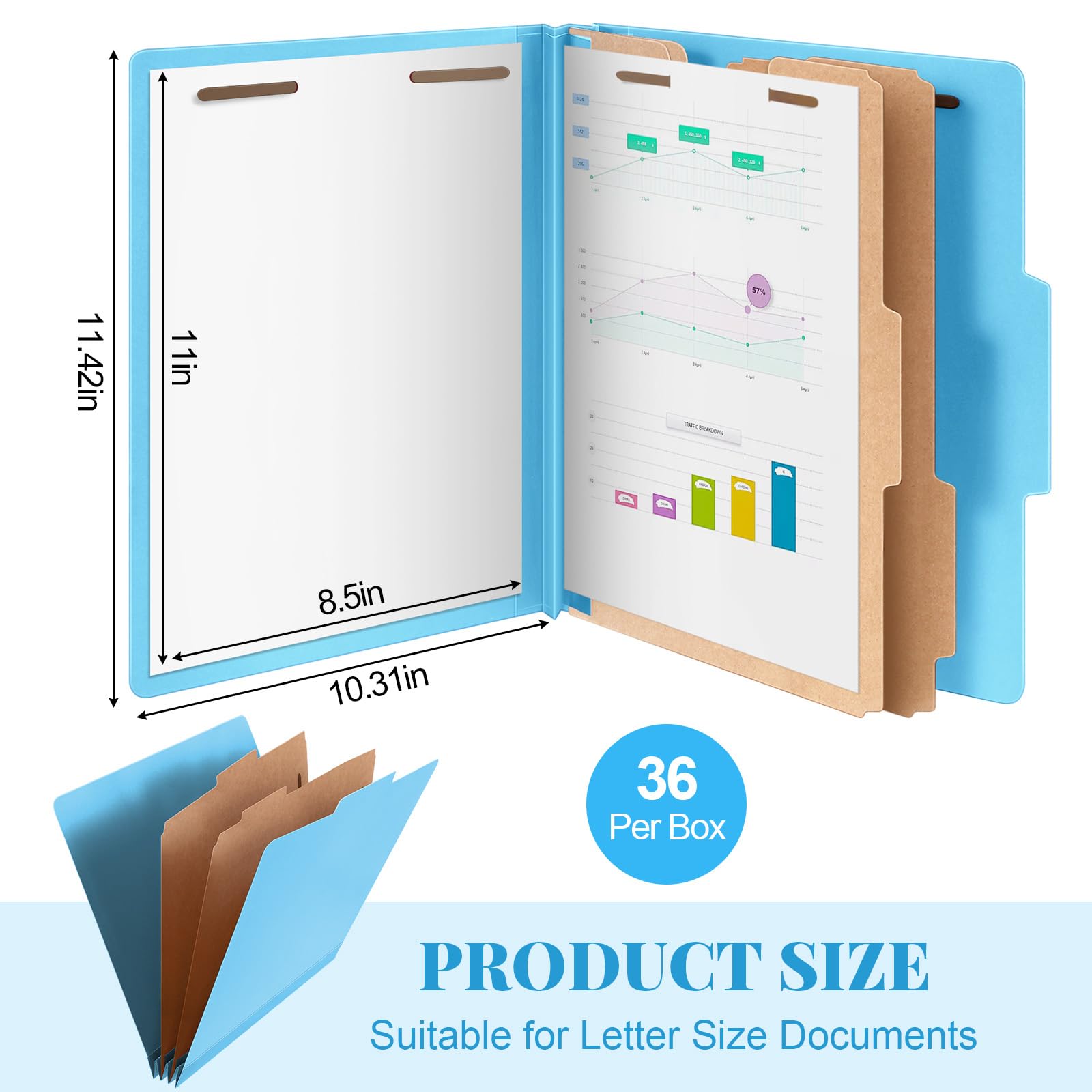 Skyygemm 36 Pcs Classification Folders Letter Size, 2 Divider Pressboard File Folders with 3. 5 Inch Expansion, 2 Prongs Fastener, Heavy Duty Office File Organizers for Teachers, Medical (Blue)