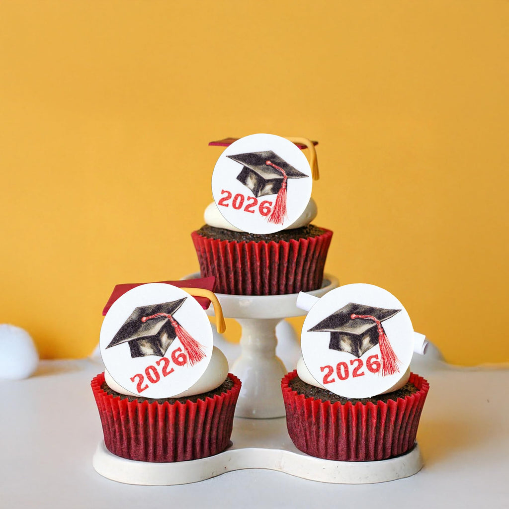 Gyufise 48Pcs Edible 2026 Graduation Cap Cupcake Toppers Wafer Paper Class of 2026 Grad Cap Cupcake Picks for 2026 Graduation Theme Party Cake Decorations Supplies Red