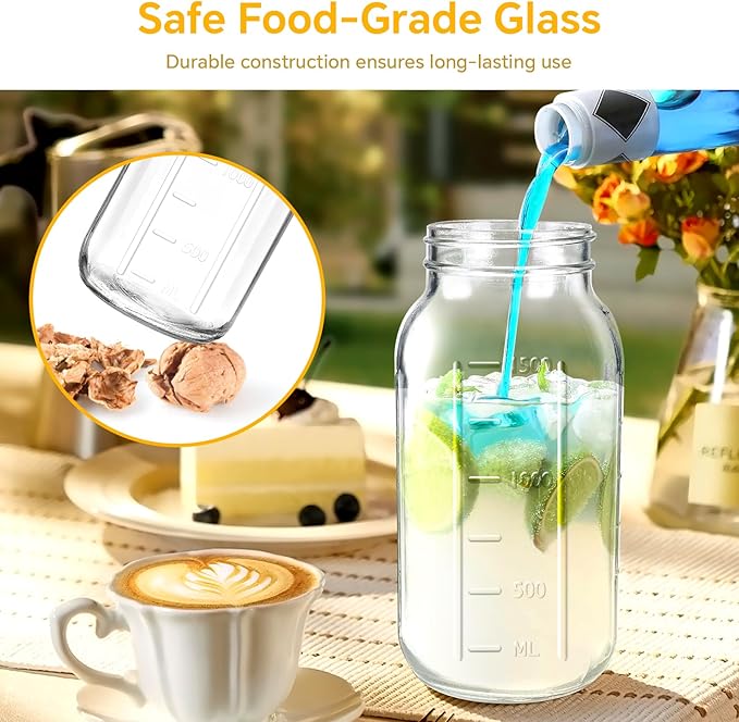 Mason Jar Pitcher, 64 OZ 2 Pack Glass Pitcher with Lid Double Leak-proof with Handle Water Jug Wide Mouth Breast Milk Pitcher Fridge Container for Water, Juice, Iced Coffee, Tea, Juice - Black+Grey