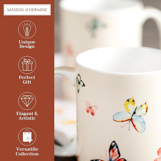 Maison d' Hermine Coffee Mug with Handles Fine Bone China Mugs Pack of Two Tea Cups for Hot Beverages Cappuccino Latte Home Restaurant Office Perfect for Gift (Botanical Fresh, 12 Ounce)