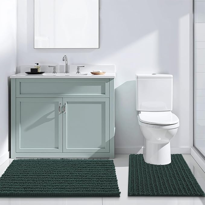 Arotive Luxury Chenille Bathroom Rug Mat, Extra Soft Thick Absorbent Shaggy Bath Rugs, Non-Slip Machine Wash Dry, Plush Bath Mats for Bathroom, Shower and Tub, 47x32, Dark Green