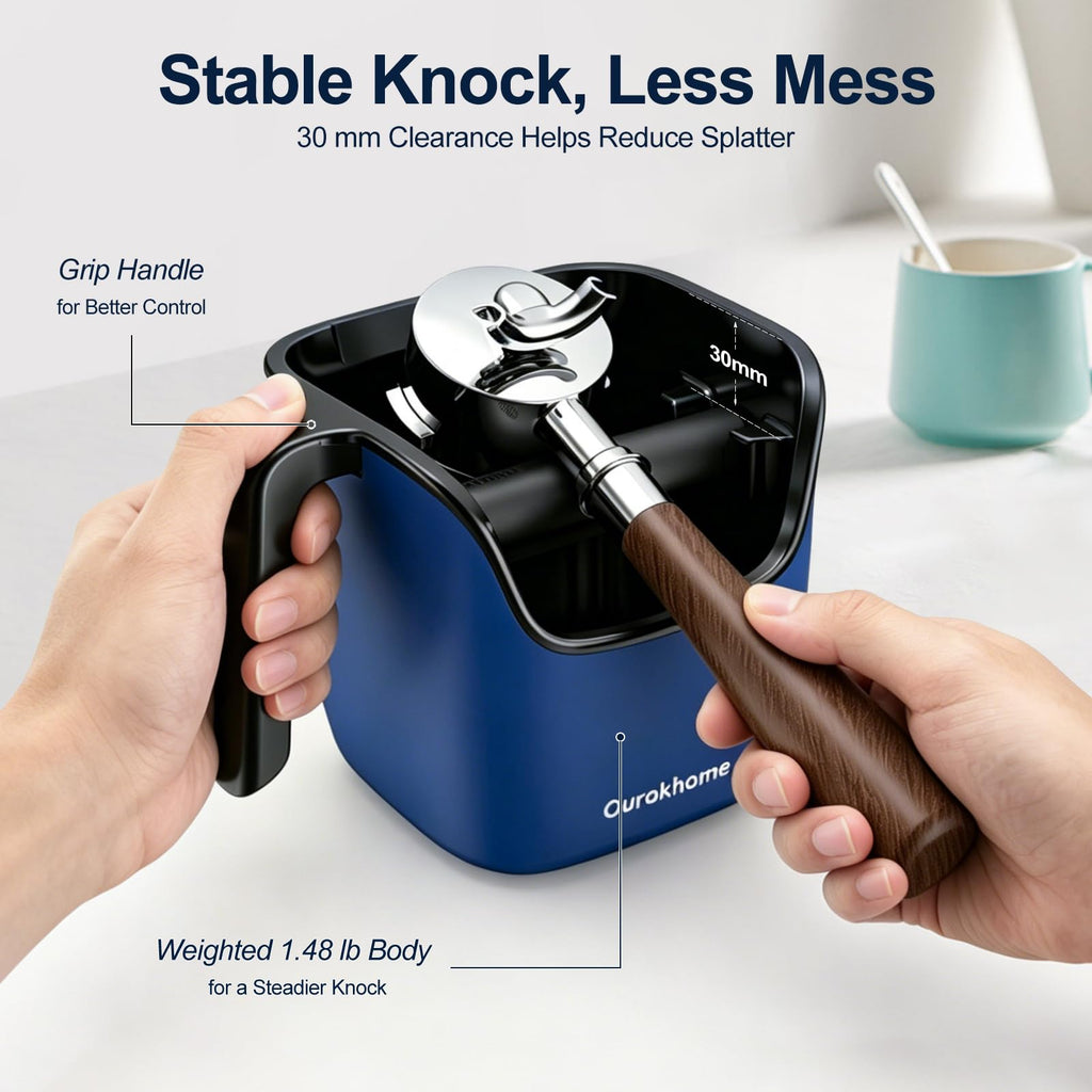 Ourokhome Espresso Knock Box with Lid, Compact Coffee Grounds Container for Home Coffee Bar, Removable Knock Bar, 304 Stainless Steel Exterior, Non-Slip Base & Handle, Easy Clean (Deep Blue)