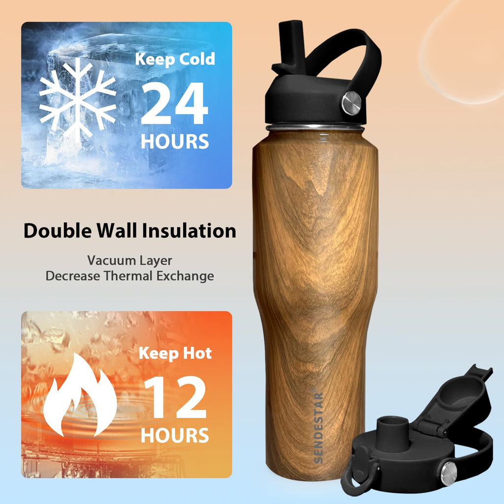 SENDESTAR 40oz Stainless Steel Water Bottle(Cold for 48 Hrs, Hot for 24 Hrs),Double Wall Vacuum Insulated Bottle with Straw Lid, Spout Lid and Flex Cap, Fit in Any Car Cup Holder