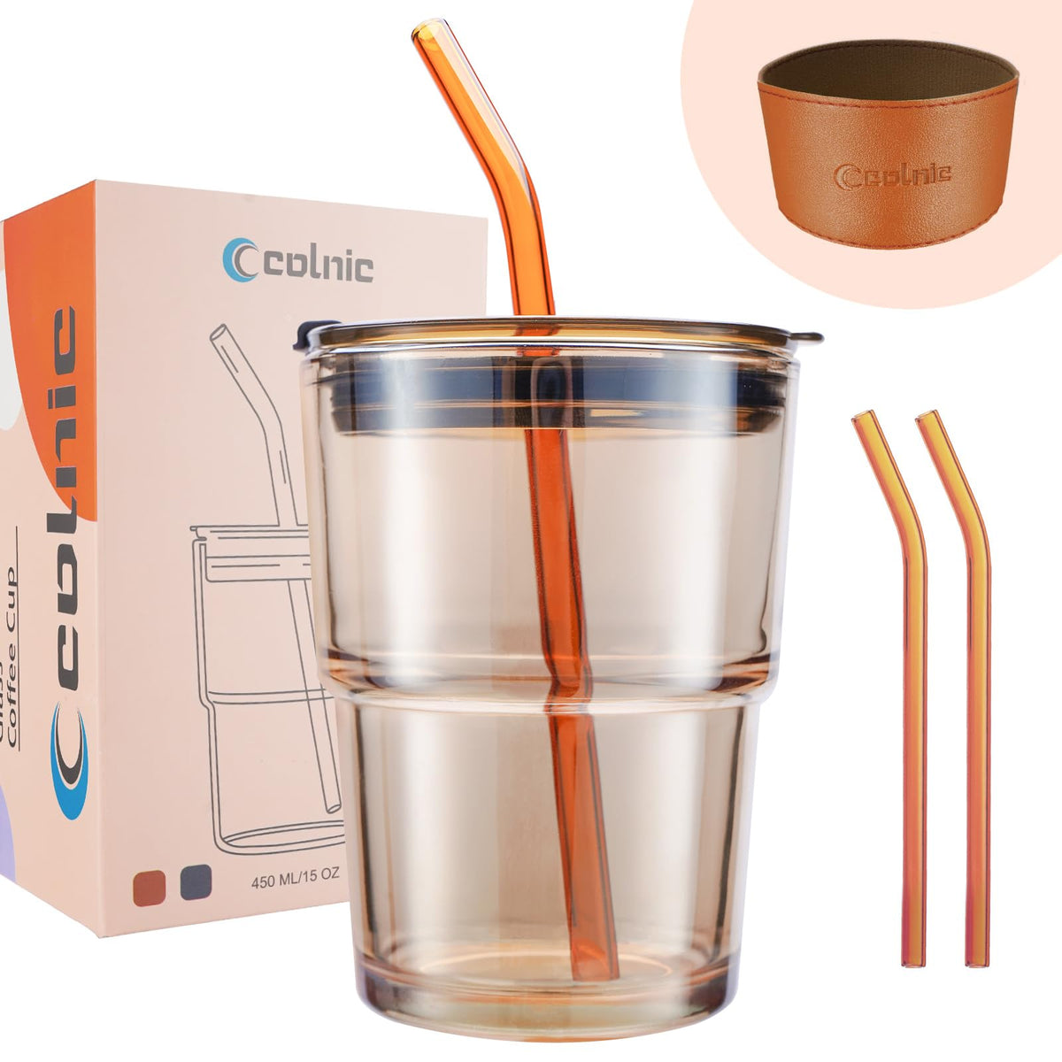 Colnic Iced Coffee Cup, 15Oz/450ml Glass Cups With Lids And Straws, Iced Coffee Glasses Tumbler, Thick Wall Mug For Tea Water With Glass Straw, Coffee Cute Tumbler Gifts (Pink)