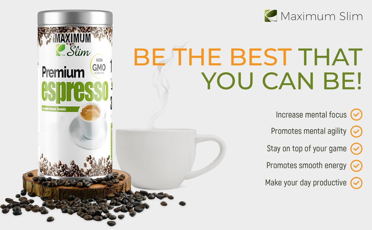 Maximum Slim Premio Instant Espresso Powder – Bold & Rich Flavor 100% Arabica Beans - Non-GMO, Gluten-Free – Premium Medium Roast Coffee 14.1 oz Resealable Jar = Café Instantáneo