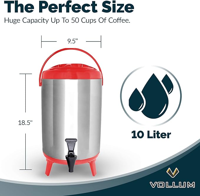 Stainless Steel Insulated Beverage Dispenser – Insulated Thermal Hot and Cold Coffee Carafe – 10 Liter Drink Dispenser with Spigot for Hot Water, Tea & Coffee, Cold Milk, Juice & More RED