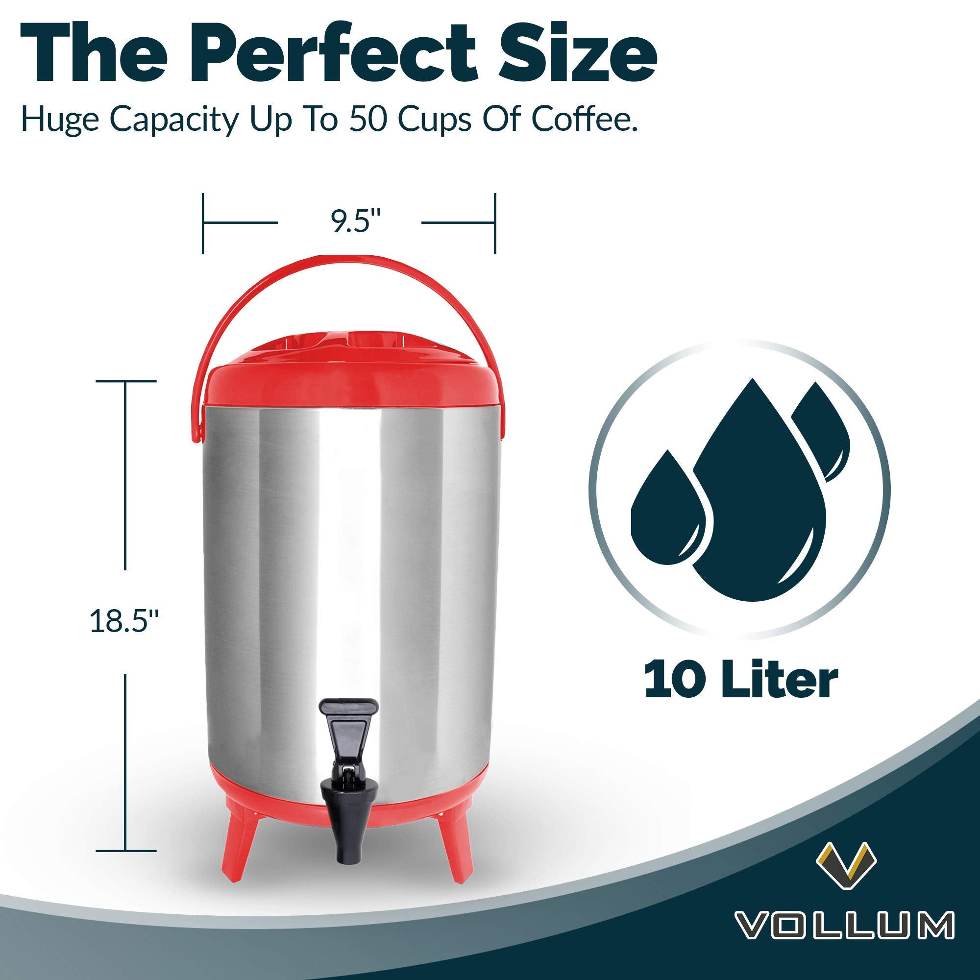 Vollum Stainless Steel Insulated Beverage Dispenser – Insulated Thermal Hot and Cold Coffee Carafe – 10 Liter Drink Dispenser with Spigot for Hot Water, Tea & Coffee, Cold Milk, Juice & More RED