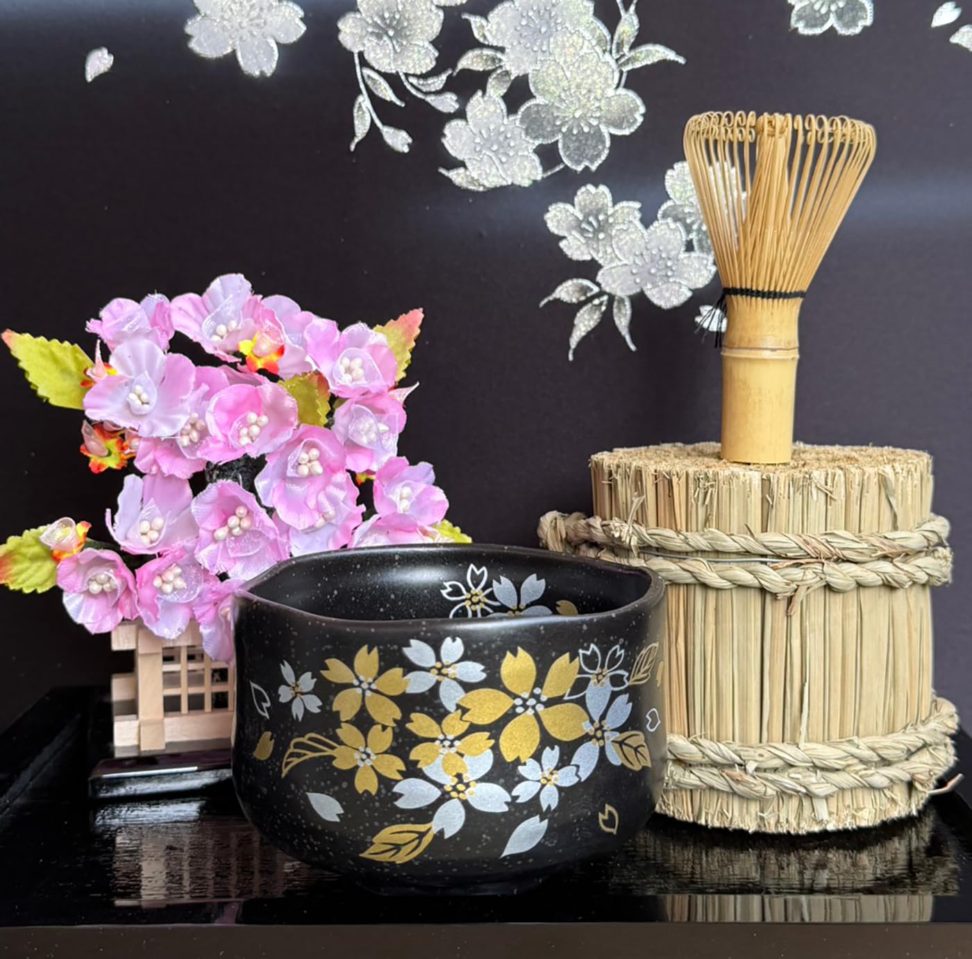 Waraku Fuuka Japanese Traditional Mino Ware Handcrafted Mini Matcha Chawan Tea Bowl Cup Set With Chasen Bamboo Tea Whisk Ceremony Tableware Pottery (Tenmoku Sakura)