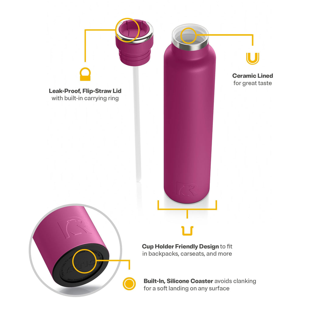 RTIC 26oz Journey Water Bottle, Ceramic Lined, Very Berry
