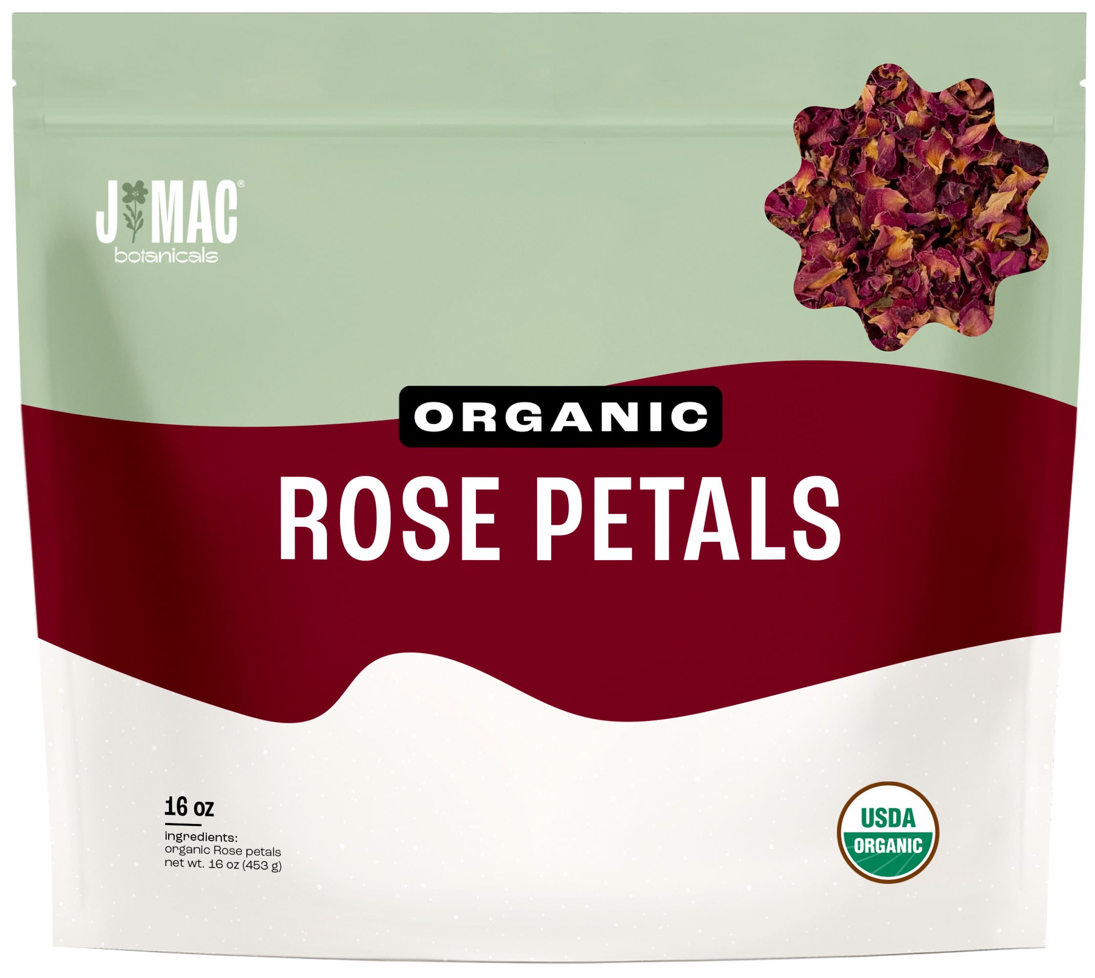 J MAC BOTANICALS Organic Rose Petals, (16 oz) Certified USDA Organic, edible, culinary grade dried petals for herbal tea, cooking and crafts