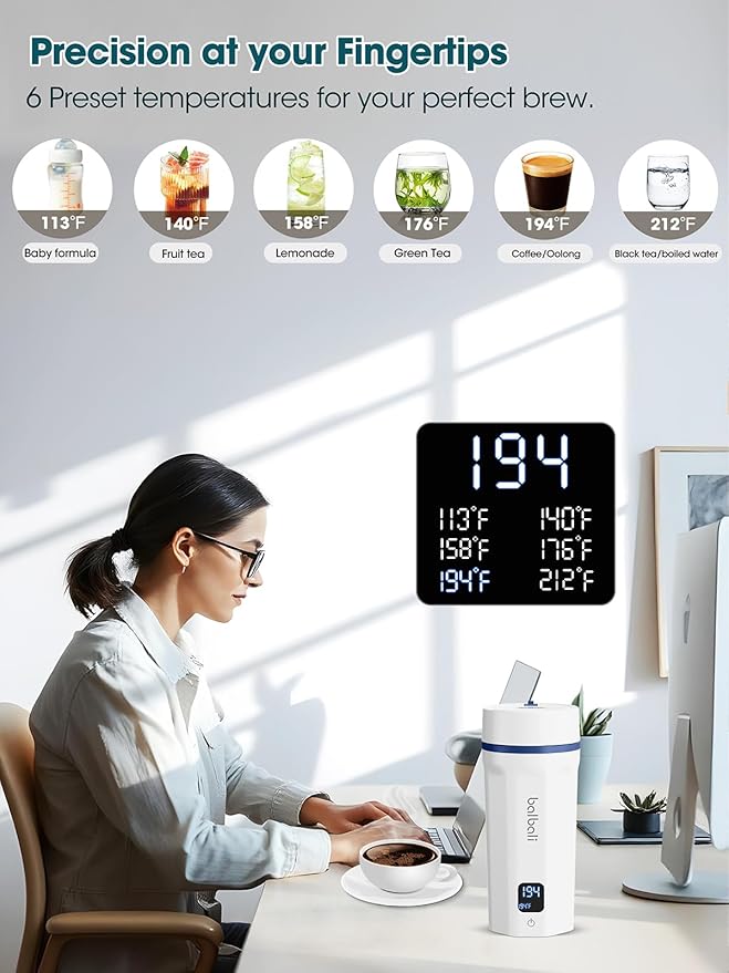 balbali 18.6oz Portable Kettle for Travel 100-250V Dual Voltage for International/Global/Europe - 6 Preset Travel Electric Kettle Hot Water Boiler/Heater/Warmer/Tea Maker - White