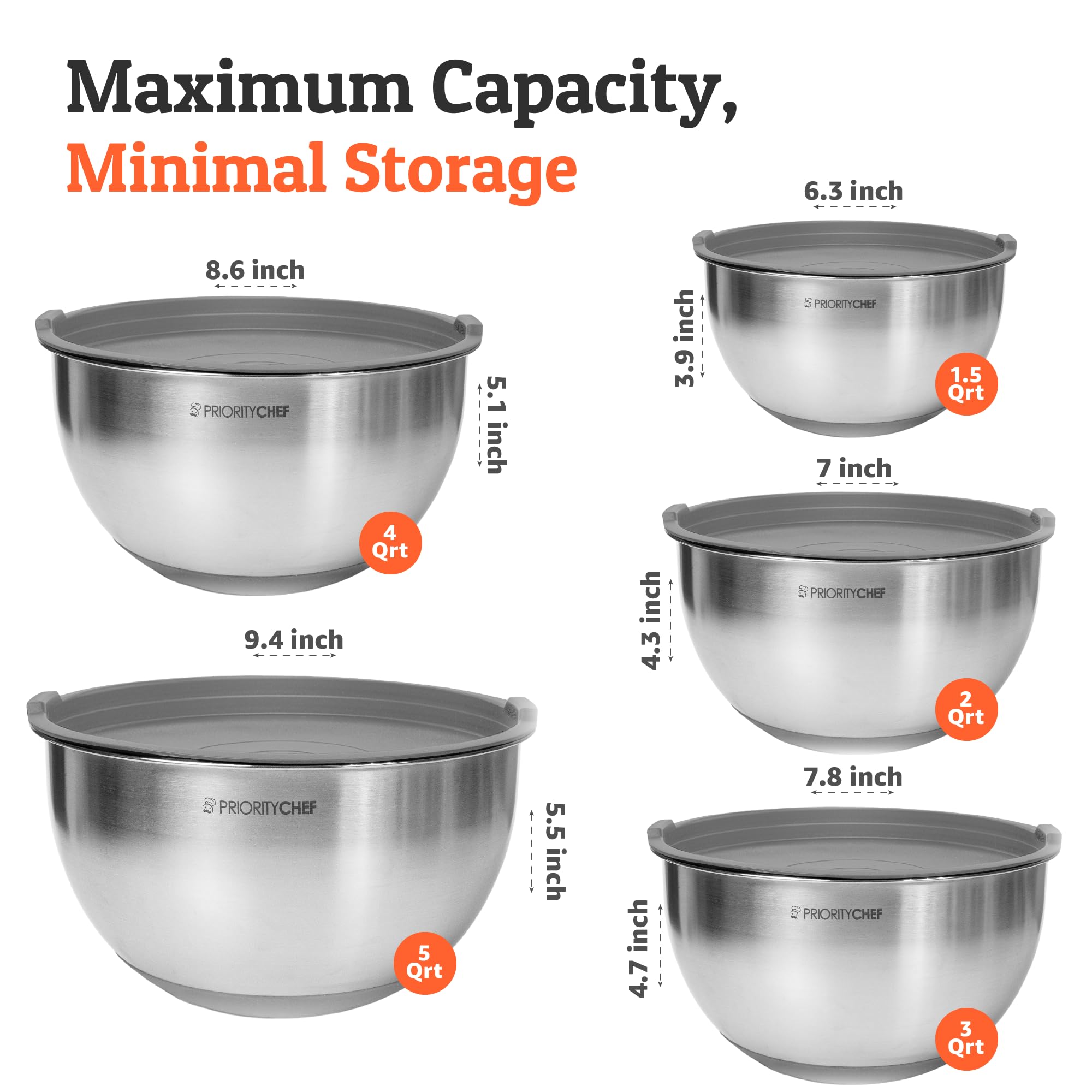Priority Chef Premium Mixing Bowls With Airtight Lids Set, Thicker Stainless Steel Mixing Bowl Set, Large Prep Metal Bowls with Lids, Nesting Bowls for Kitchen, 1.5/2/3/4/5 Qrt, Grey