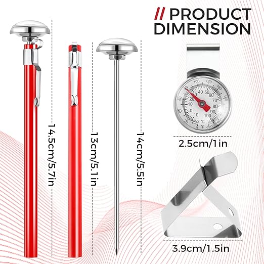 6 Pack Immediate Read Pocket Thermometer, 1 Inch Stainless Steel Dial Food Thermometer with 6 PCS Red Plastic Sleeves of Thermometers and 6 PCS Clips for Coffee Drinks Chocolate Milk Foam