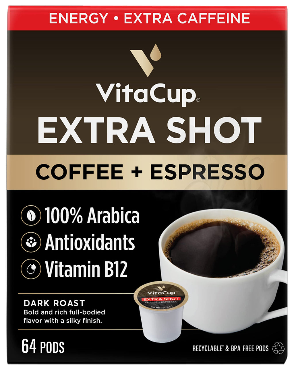 VitaCup Extra Shot High Caffeine Dark Roast Coffee Pods, 64ct