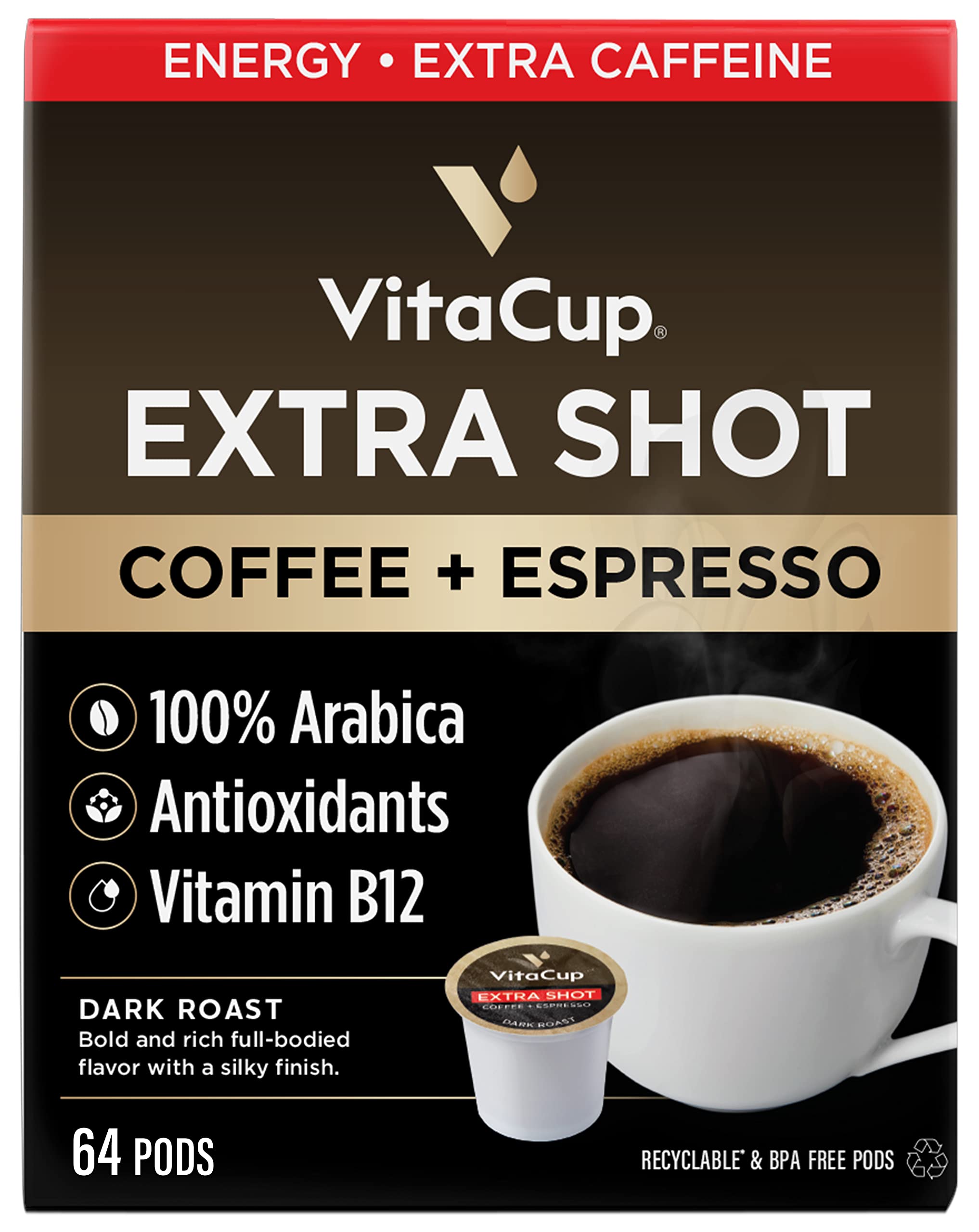 VitaCup Extra Shot High Caffeine Dark Roast Coffee Pods, 64ct