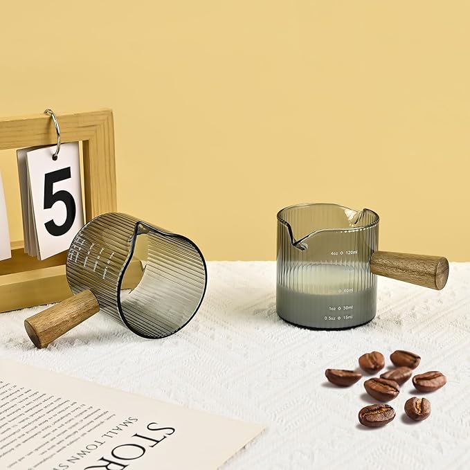 Glass Measuring Cup, 4oz Espresso Shot Glass with Wood Handle, Single Spout Measuring Triple Pitcher Milk Cup for Coffee Tea (Gray Ribbed）