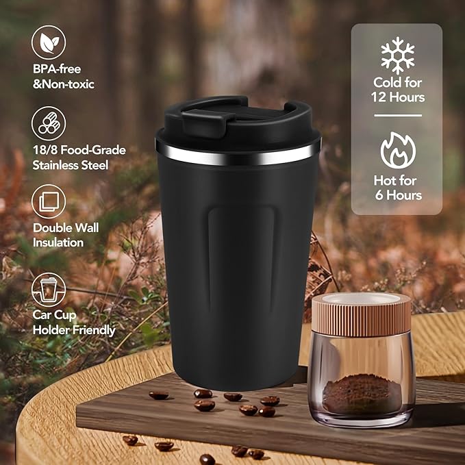 Volhoply 12 oz Double Wall Insulated Vacuum Travel Coffee Mugs with Flip Lid Bulk 2 Pack,Reusable Stainless Steel Leak Proof Coffee Cup,Portable Cafe Thermal Tumbler for Hot & Cold Drinks(Black,2 Set)
