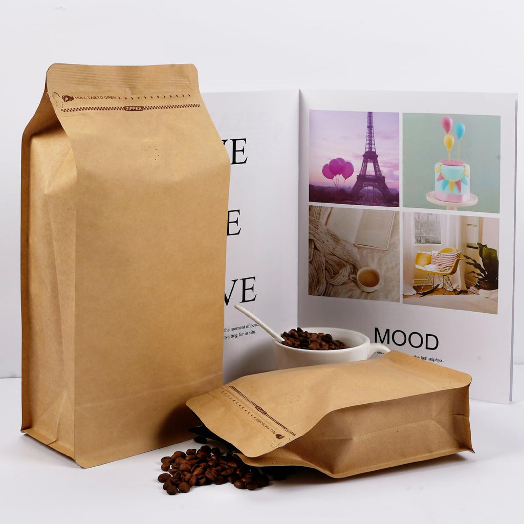 Coffee Bags with Valve (50 PCS,32oz/2lb) Kraft Paper High Barrier Aluminum Foil Flat Bottom Standing Coffee Beans Storage Packaging Bags,Reusable Heat Seal Side Zipper Pouches for Small Business&Home