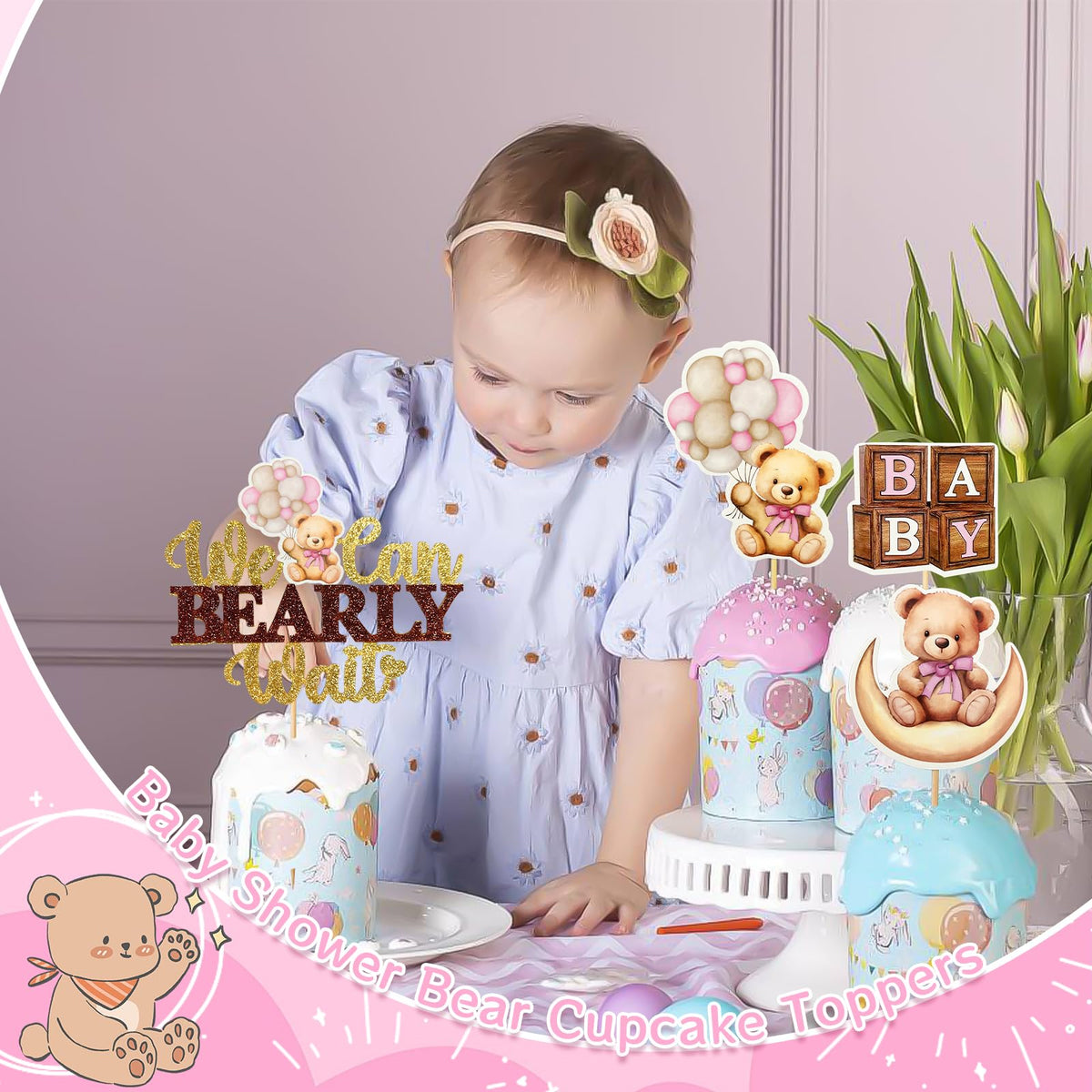 MEMOVAN Pink Bear Cupcake Toppers We Can Bearly Wait Cake Cupcake Topper