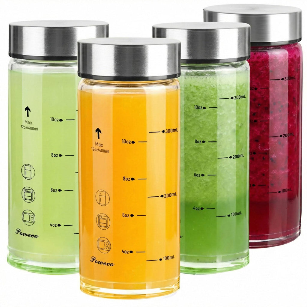 poweco Glass Juice Bottles 4 Pack 12 oz - Wide Mouth Glass Water Bottles with Lids - for Juicing, Protein, Smoothie, Milk, Reusable, BPA Free, Stainless Steel Lids, Blender, Shaker Bottle [400ml]