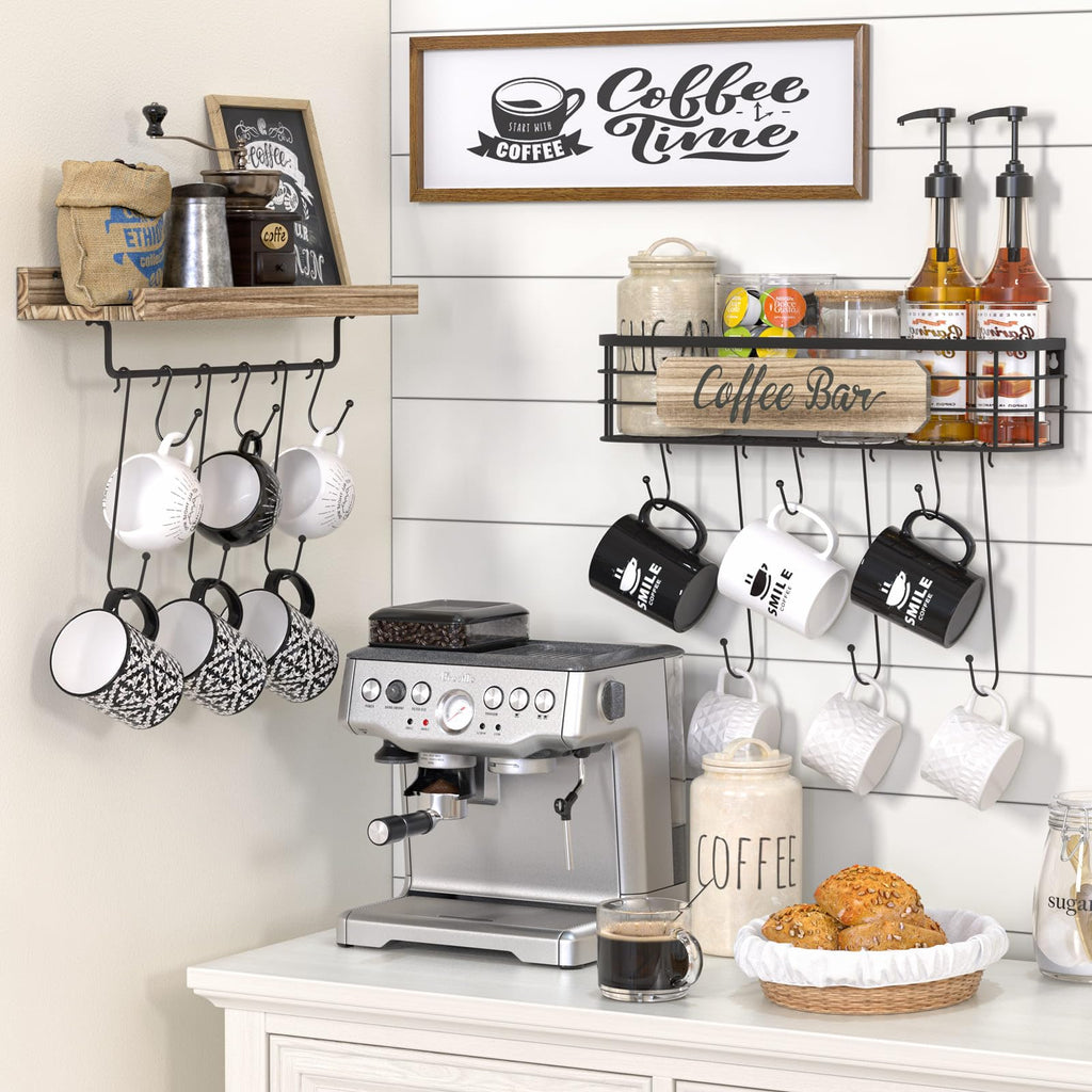 Filano Coffee Cup Holder 2 Pack Coffee Bar Shelf with 12 Mug Hooks, Mug Organizer Floating Mug Racks for Wall, Coffee Cup Display Hanger Pods Holder, Farmhouse Coffee Bar Decor Kitchen Accessories