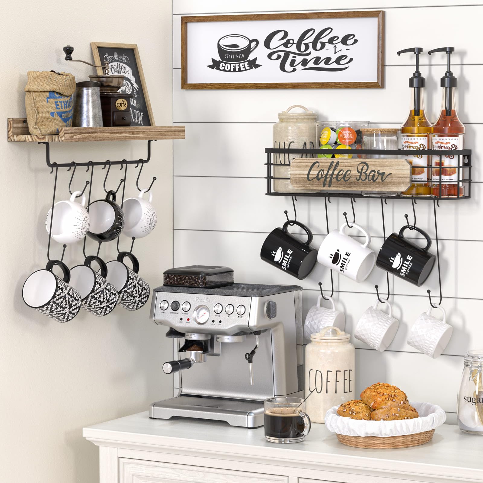 Filano Coffee Cup Holder 2 Pack Coffee Bar Shelf with 12 Mug Hooks, Mug Organizer Floating Mug Racks for Wall, Coffee Cup Display Hanger Pods Holder, Farmhouse Coffee Bar Decor Kitchen Accessories