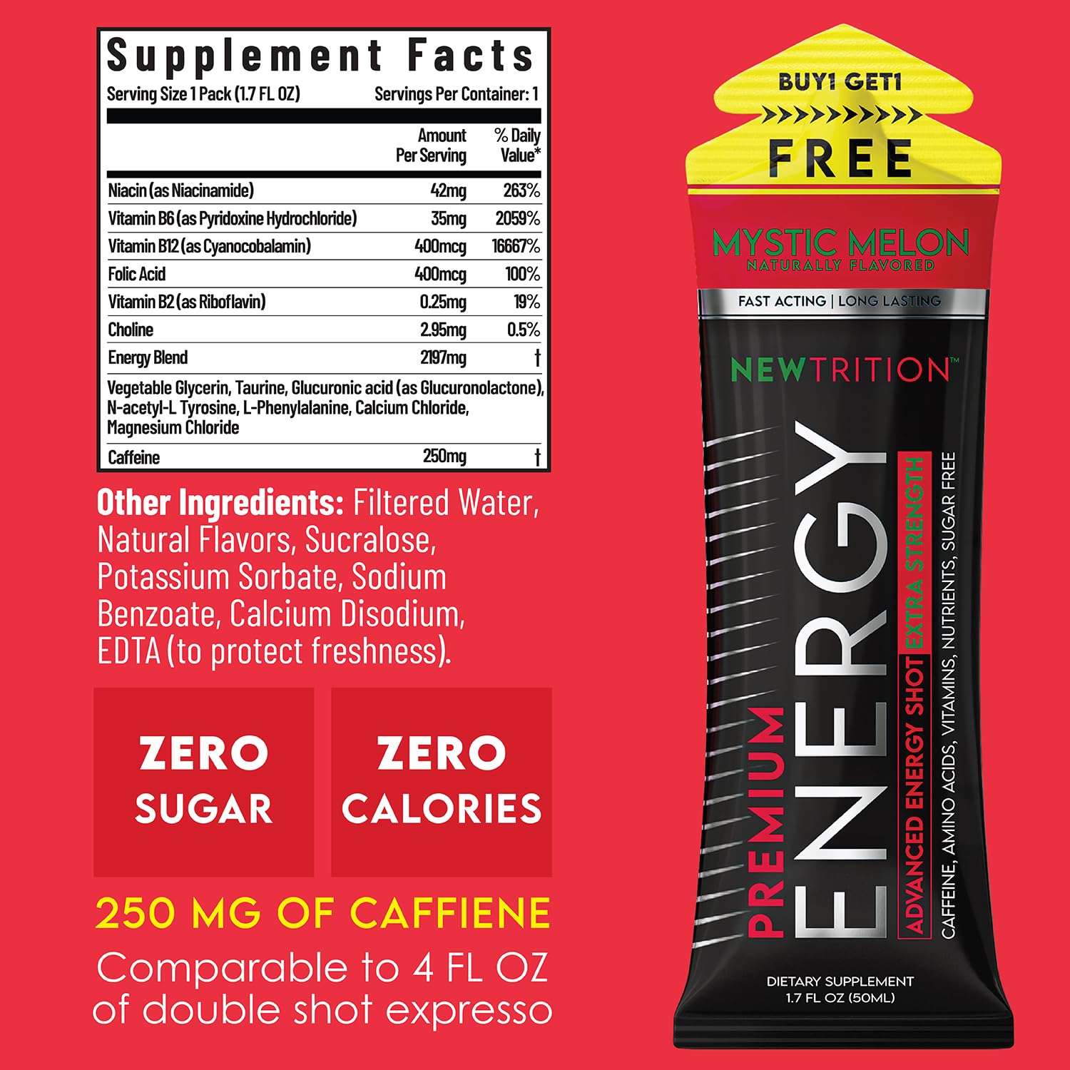 NewTrition® Extra Strength Energy Shots, 1.7 fl oz - 250mg Caffeine with Vitamin B & Amino Acids, Sugar-Free, Zero Calorie Vitamin Energy Drink for Focus & Endurance (Pack of 12, Mystic Melon)