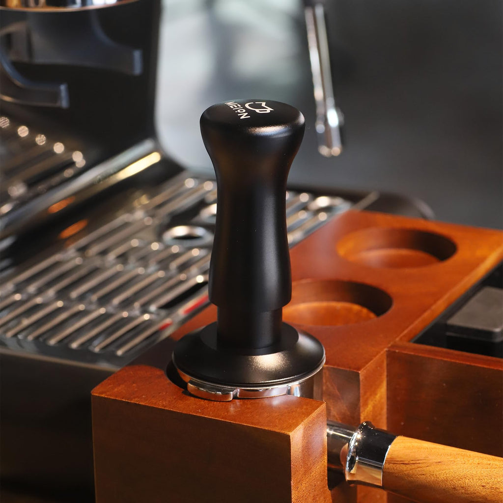 MEION Espresso Tamper 58.5mm Coffee Tamper, Calibrated Dual Spring Loaded Barista Tamper with Stainless Steel Base, Comes with aluminum storage pad (58.5MM, Black)