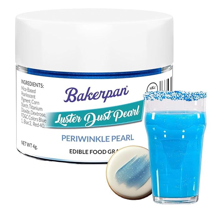 Bakerpan Pearl Luster Dust Edible, Periwinkle Blue Edible Glitter for Cocktails, 4 Grams Edible Glitter for Cake Decorating, Cookies, Chocolates and Candies, Drinks (Made in USA)
